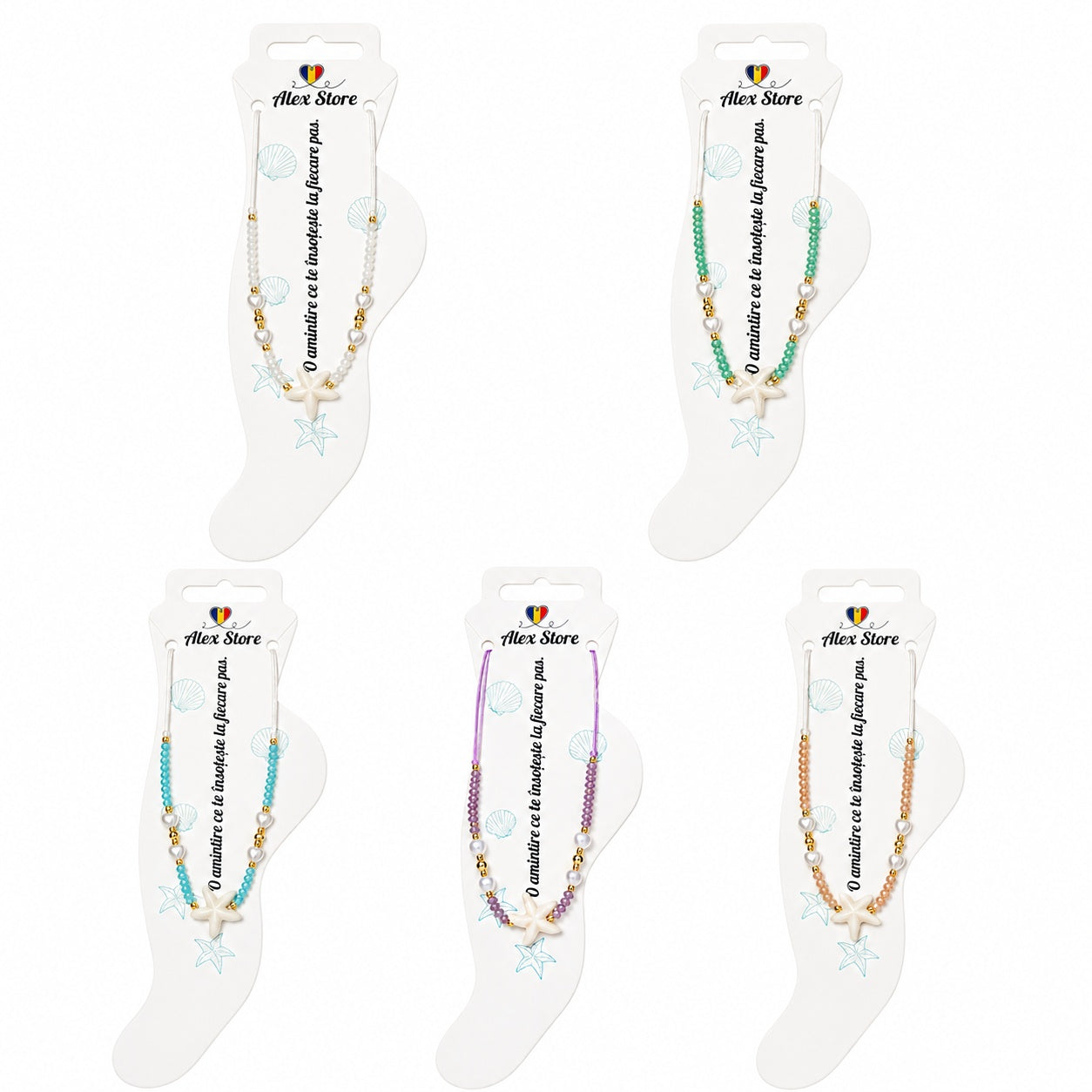 Set 12 bratari de picior Roxe, 20cm, cu steluta de mare si margele colorate, reglabile