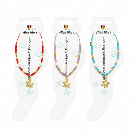 Set 12 bratari de picior Roxe, 20cm, cu steluta de mare si perluta, margele colorate, reglabile