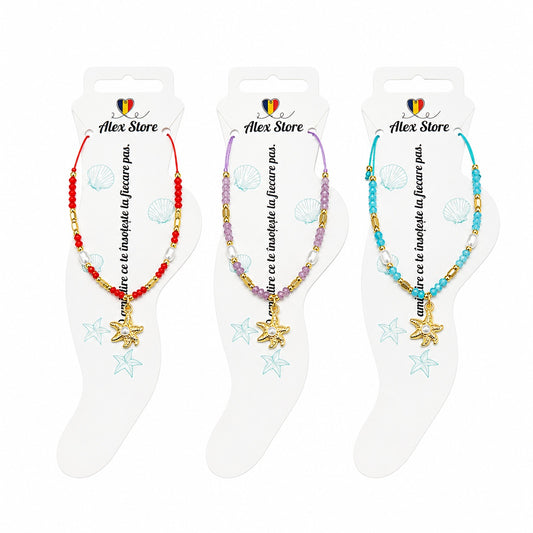 Set 12 bratari de picior Roxe, 20cm, cu steluta de mare si perluta, margele colorate, reglabile