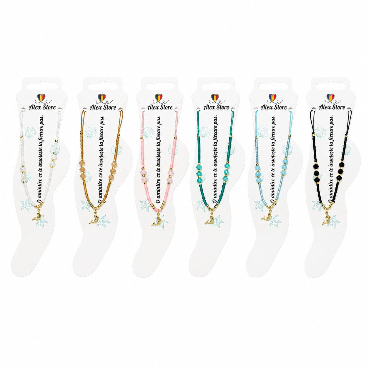 Set 12 bratari de picior Roxe, 20cm, margele colorate si charm delfin, reglabile