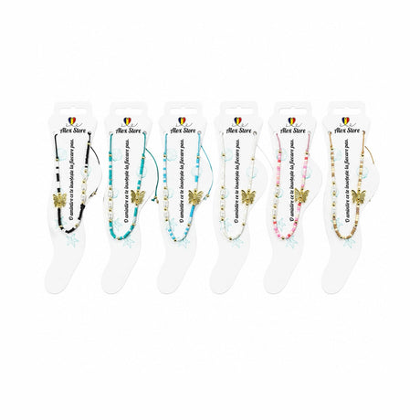 Set 12 bratari de picior Roxe, 20cm, model perlute si fluturas, culori aleatorii, reglabil