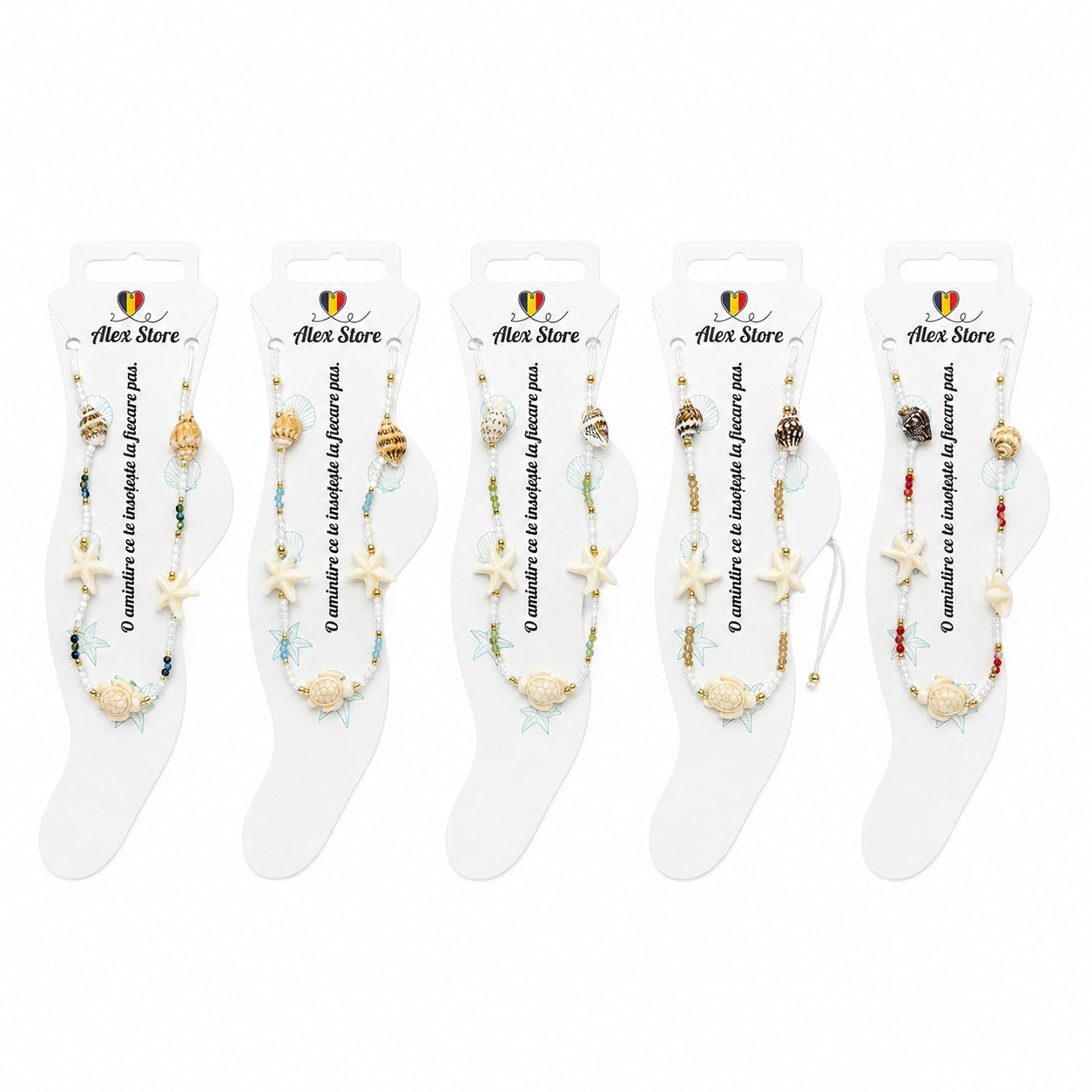 Set 12 bratari de picior Roxe, 20cm, model scoica stea si testoasa, culori aleatorii, reglabile