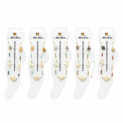 Set 12 bratari de picior Roxe, 20cm, model scoica stea si testoasa, culori aleatorii, reglabile
