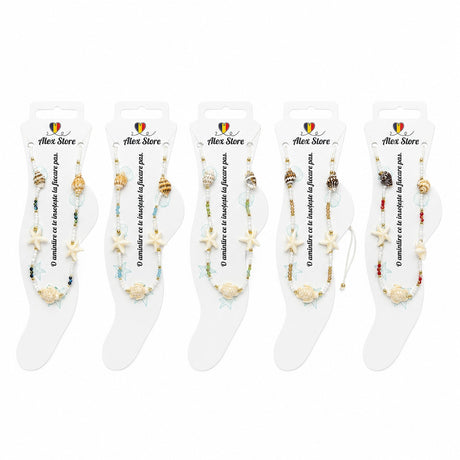 Set 12 bratari de picior Roxe, 20cm, model scoica stea si testoasa, culori aleatorii, reglabile