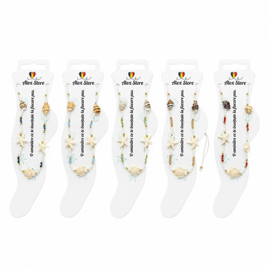 Set 12 bratari de picior Roxe, 20cm, model scoica stea si testoasa, culori aleatorii, reglabile