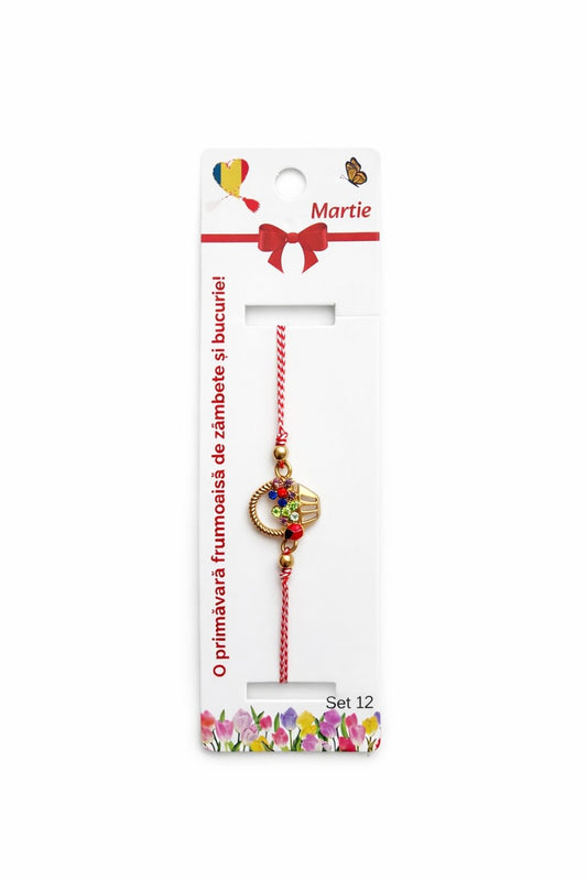 Set 12 Bratari Martisor Cosulet cu Flori si Buburuza, Auriu, Design Premium