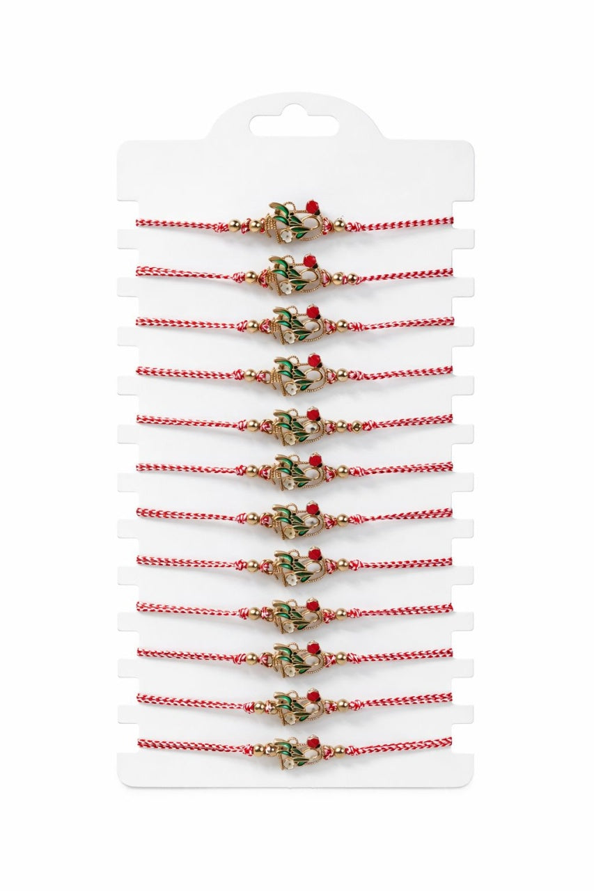 Set 12 Bratari Martisor Cosulet cu Flori si Buburuza, Snur Reglabil, 20x11 cm