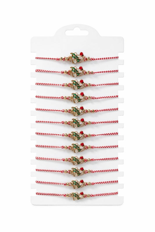 Set 12 Bratari Martisor Cosulet cu Flori si Buburuza, Snur Reglabil, 20x11 cm