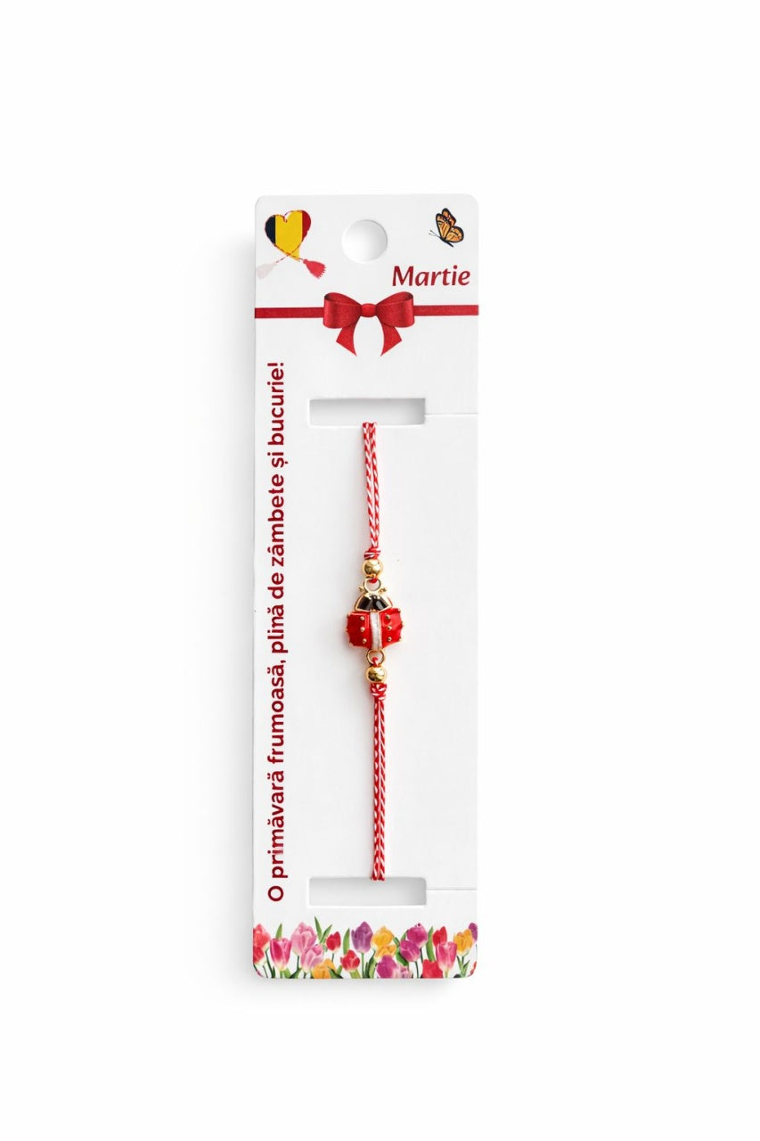 Set 12 bratari martisor cu buburuza rosie, snur reglabil rosu-alb