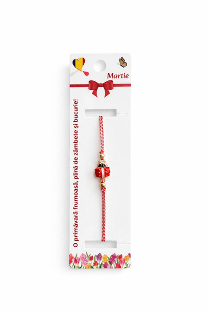 Set 12 bratari martisor cu buburuza rosie, snur reglabil rosu-alb