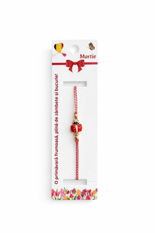 Set 12 bratari martisor cu buburuza rosie, snur reglabil rosu-alb