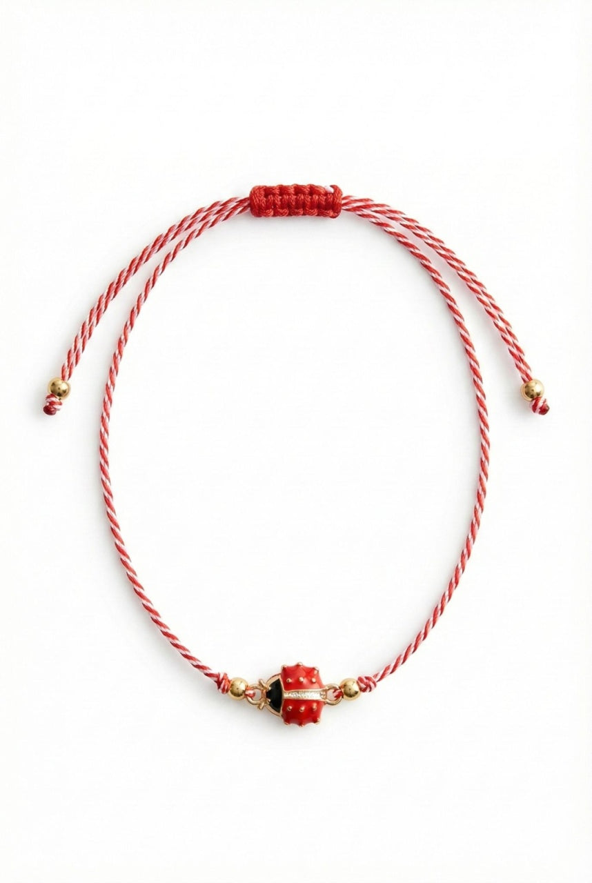 Set 12 bratari martisor cu buburuza rosie, snur reglabil rosu-alb