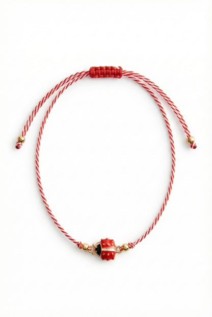 Set 12 bratari martisor cu buburuza rosie, snur reglabil rosu-alb