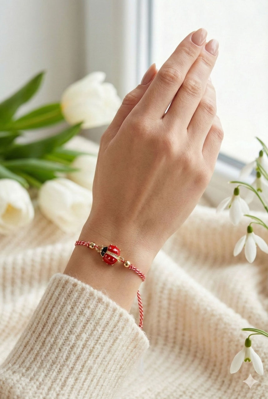 Set 12 bratari martisor cu buburuza rosie, snur reglabil rosu-alb