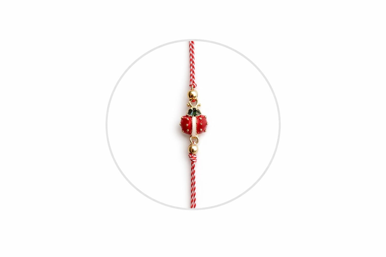 Set 12 bratari martisor cu buburuza rosie, snur reglabil rosu-alb