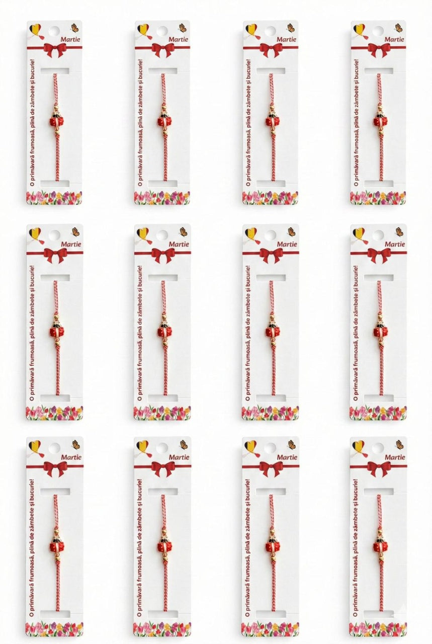 Set 12 bratari martisor cu buburuza rosie, snur reglabil rosu-alb