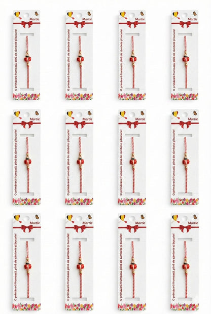 Set 12 bratari martisor cu buburuza rosie, snur reglabil rosu-alb