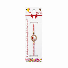 Set 12 bratari martisor cu buburuza rotunda, snur rosu alb, ambalate individual