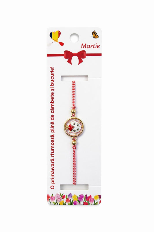 Set 12 bratari martisor cu buburuza rotunda, snur rosu alb, ambalate individual