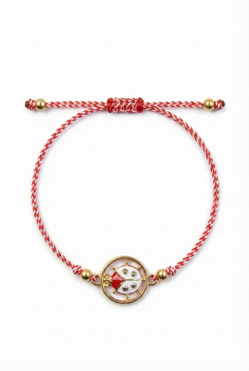 Set 12 bratari martisor cu buburuza rotunda, snur rosu alb, ambalate individual