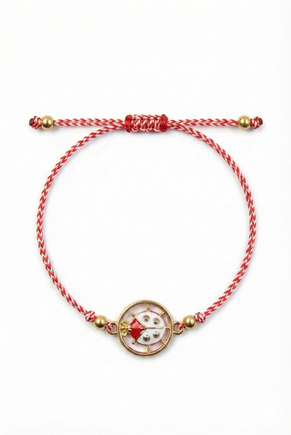 Set 12 bratari martisor cu buburuza rotunda, snur rosu alb, ambalate individual