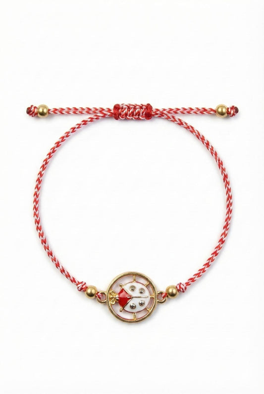 Set 12 bratari martisor cu buburuza rotunda, snur rosu alb, ambalate individual