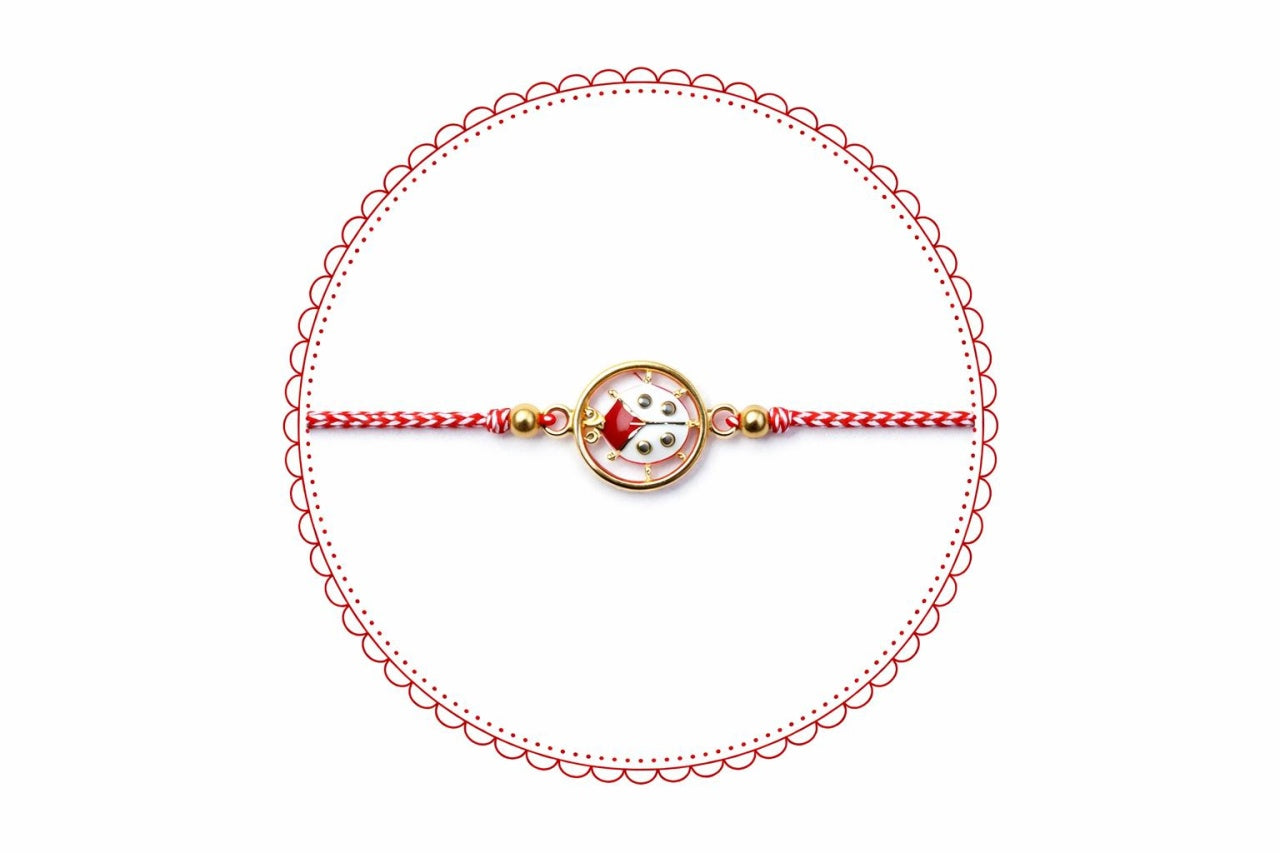 Set 12 bratari martisor cu buburuza rotunda, snur rosu alb, ambalate individual