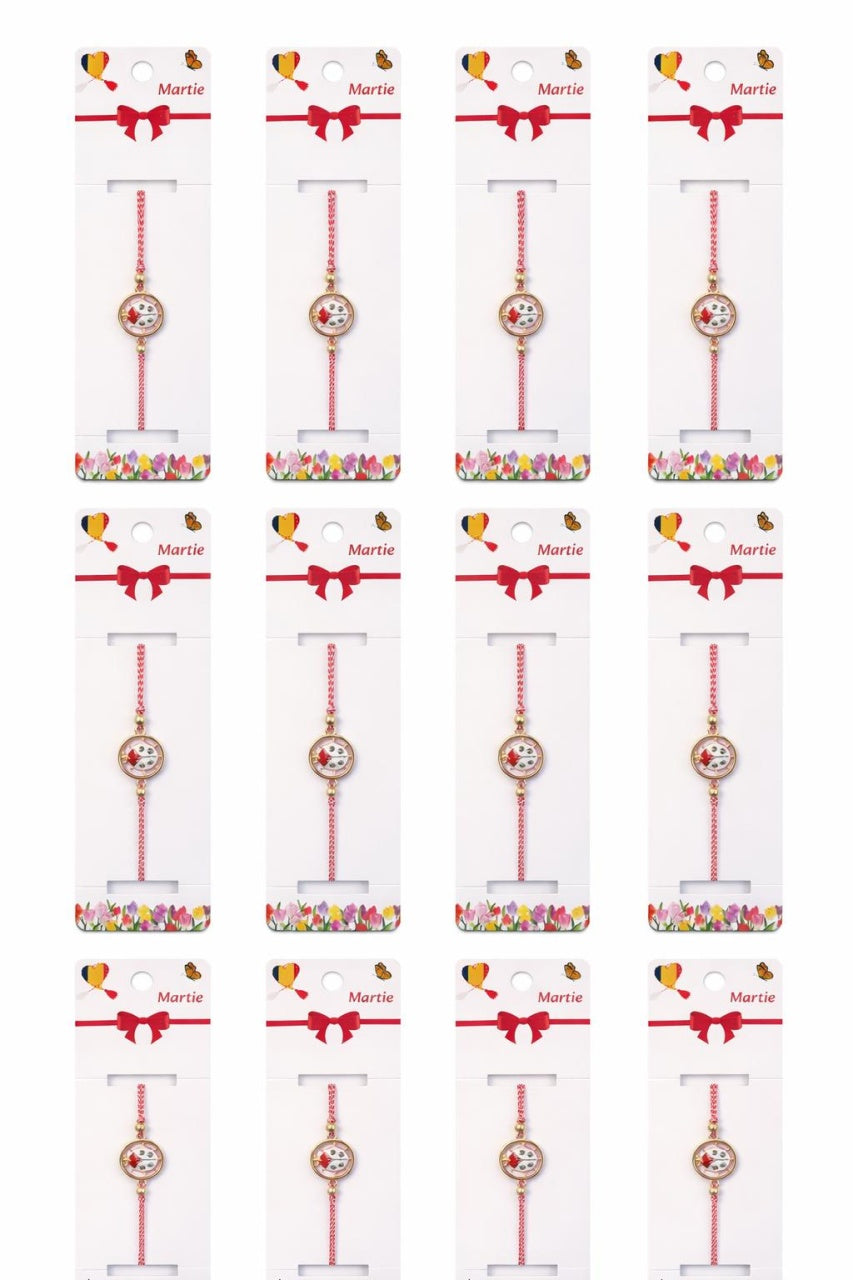 Set 12 bratari martisor cu buburuza rotunda, snur rosu alb, ambalate individual
