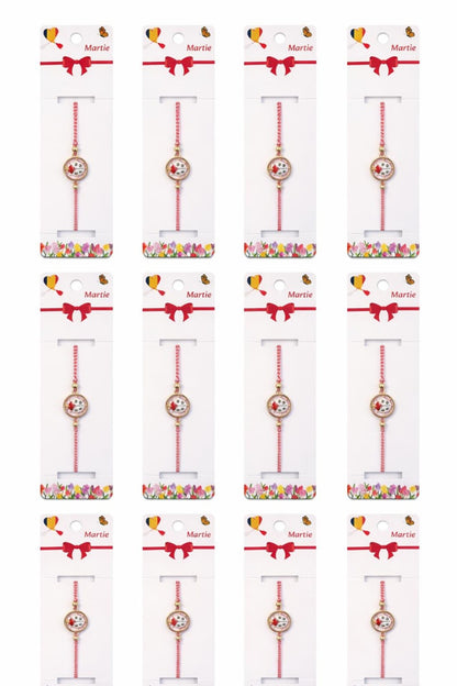 Set 12 bratari martisor cu buburuza rotunda, snur rosu alb, ambalate individual