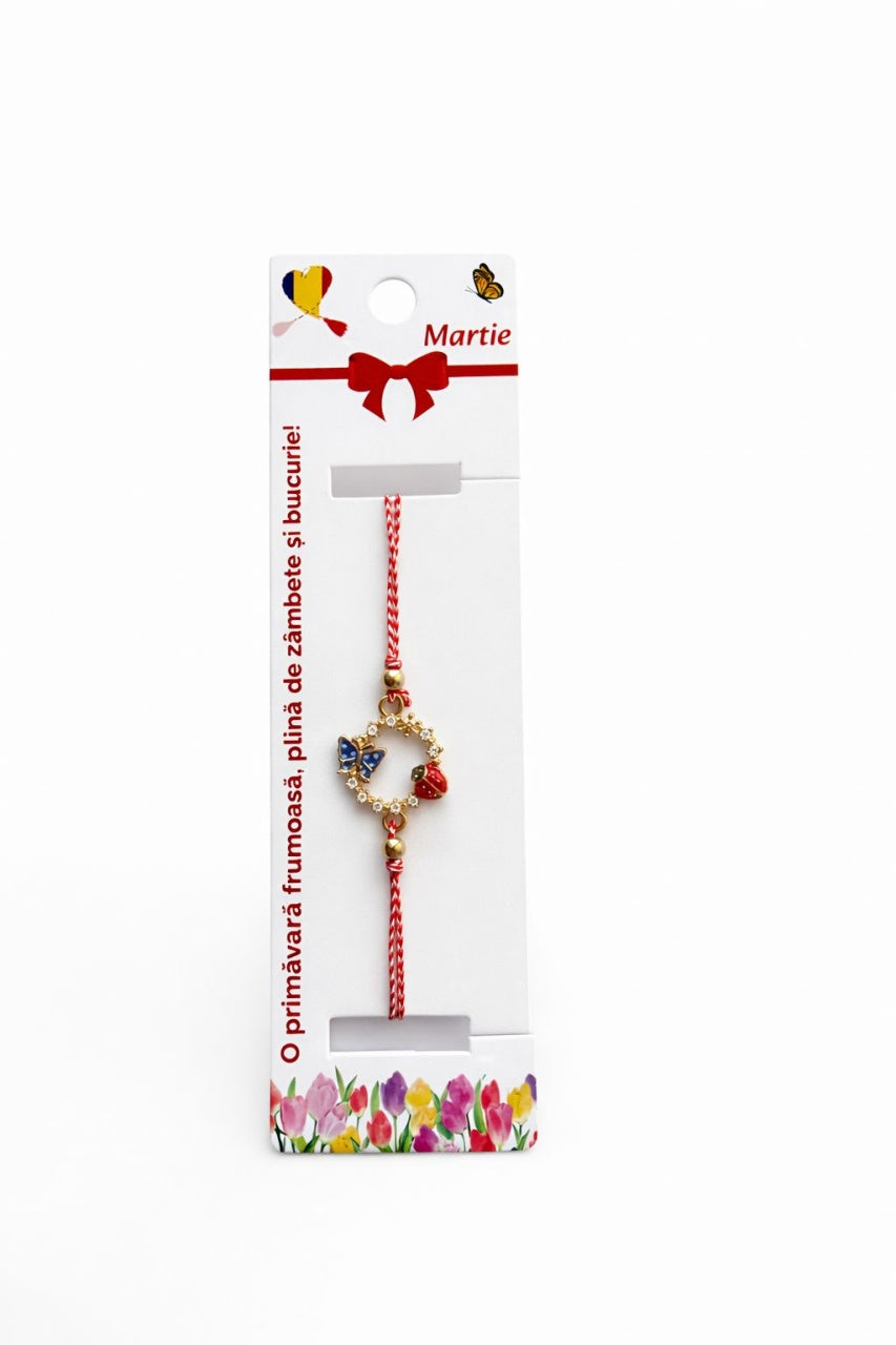 Set 12 bratari martisor cu cerc decorativ, fluture albastru si buburuza, snur reglabil rosu-alb