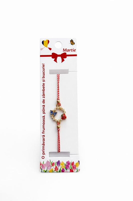 Set 12 bratari martisor cu cerc decorativ, fluture albastru si buburuza, snur reglabil rosu-alb