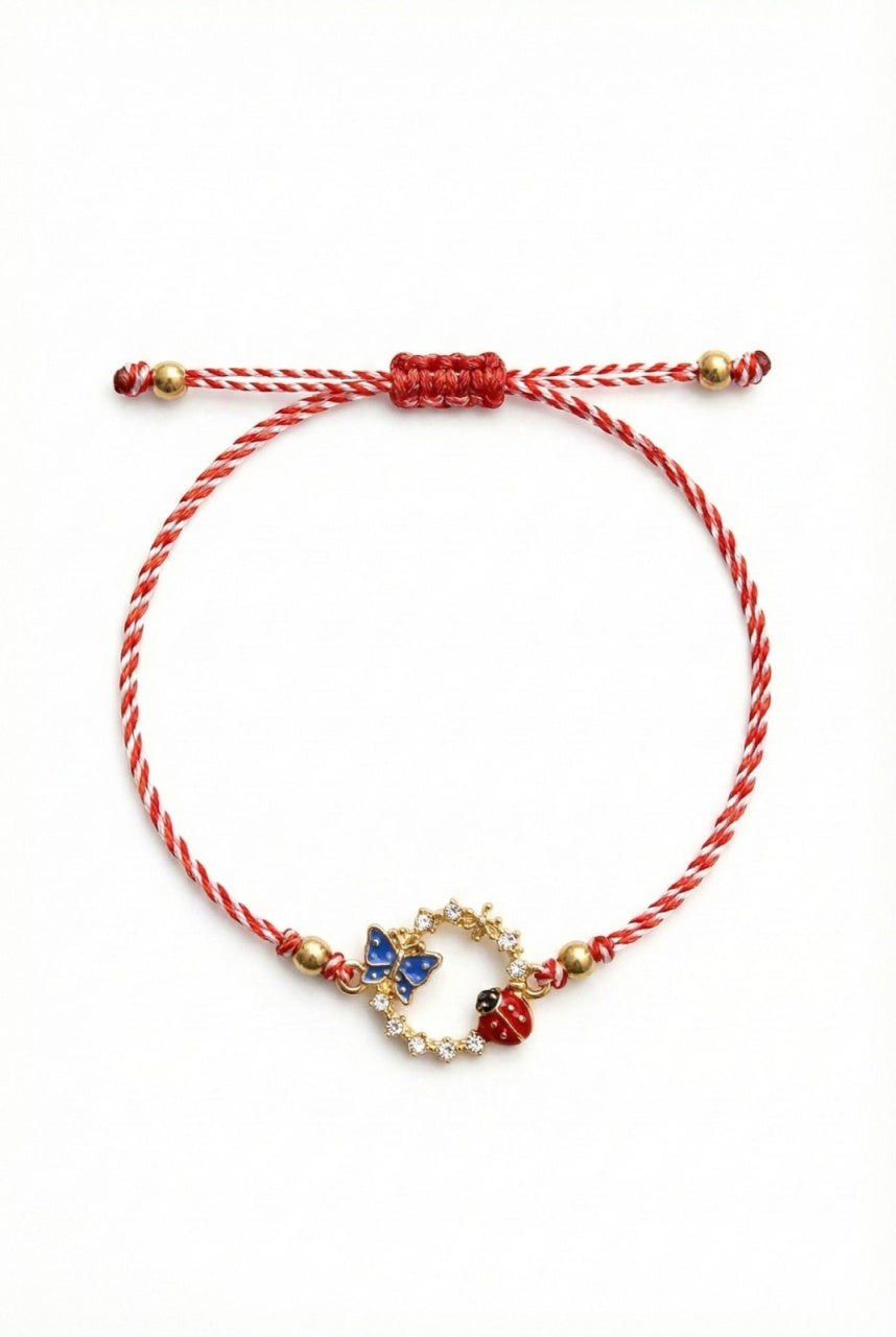 Set 12 bratari martisor cu cerc decorativ, fluture albastru si buburuza, snur reglabil rosu-alb