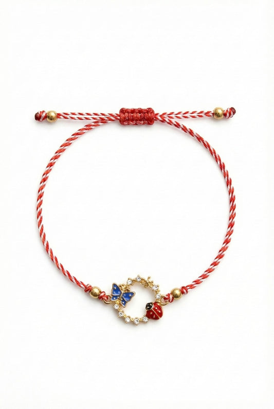 Set 12 bratari martisor cu cerc decorativ, fluture albastru si buburuza, snur reglabil rosu-alb