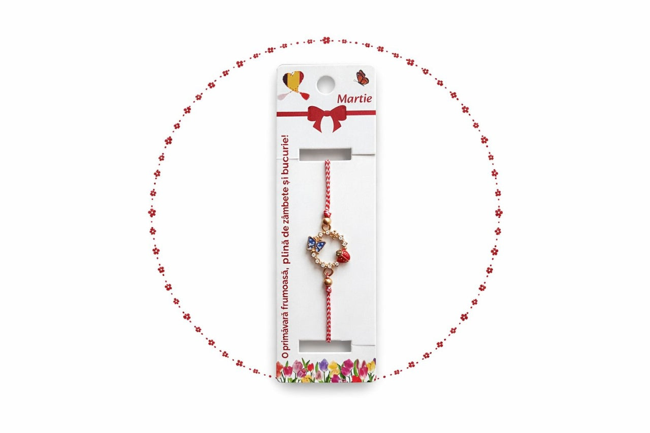 Set 12 bratari martisor cu cerc decorativ, fluture albastru si buburuza, snur reglabil rosu-alb