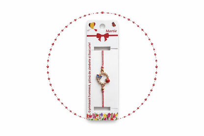 Set 12 bratari martisor cu cerc decorativ, fluture albastru si buburuza, snur reglabil rosu-alb