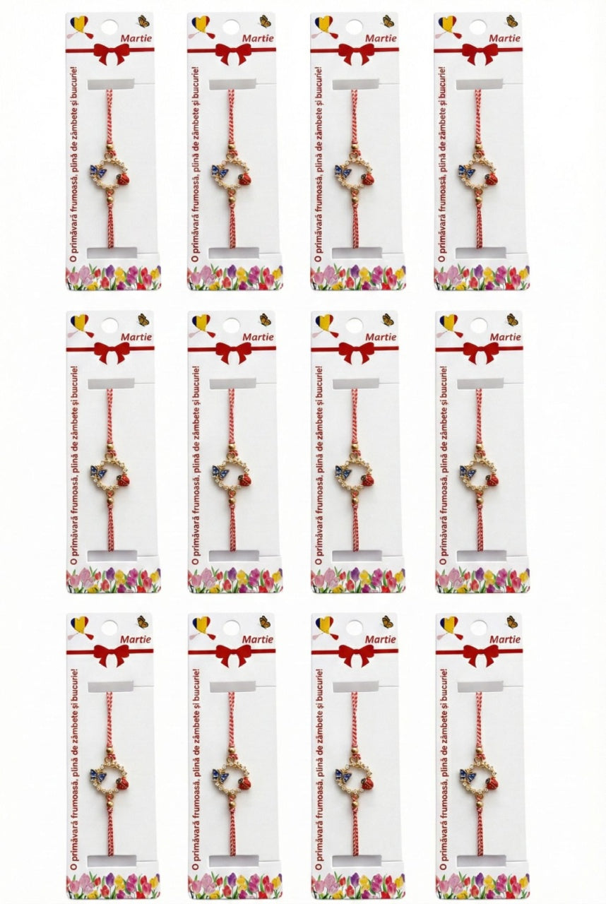 Set 12 bratari martisor cu cerc decorativ, fluture albastru si buburuza, snur reglabil rosu-alb