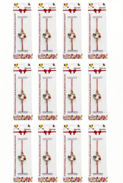 Set 12 bratari martisor cu cerc decorativ, fluture albastru si buburuza, snur reglabil rosu-alb