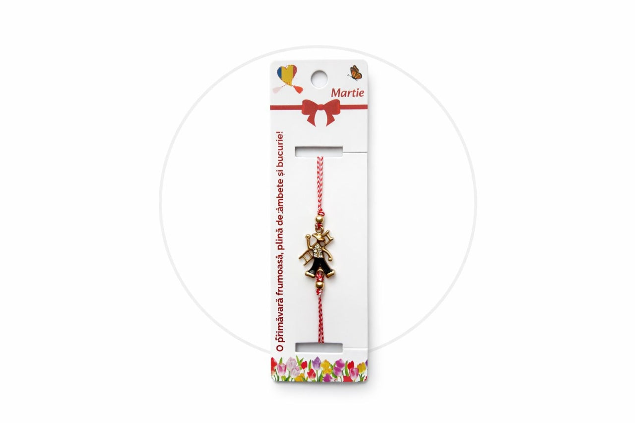 Set 12 bratari martisor cu cosar cu scara, simbol noroc, snur reglabil alb-rosu