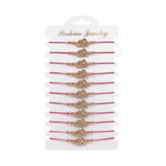 Set 12 Bratari Martisor cu Elefantel Auriu, Strasuri si Ochi Protector, Snur Rosu, 20x11 cm