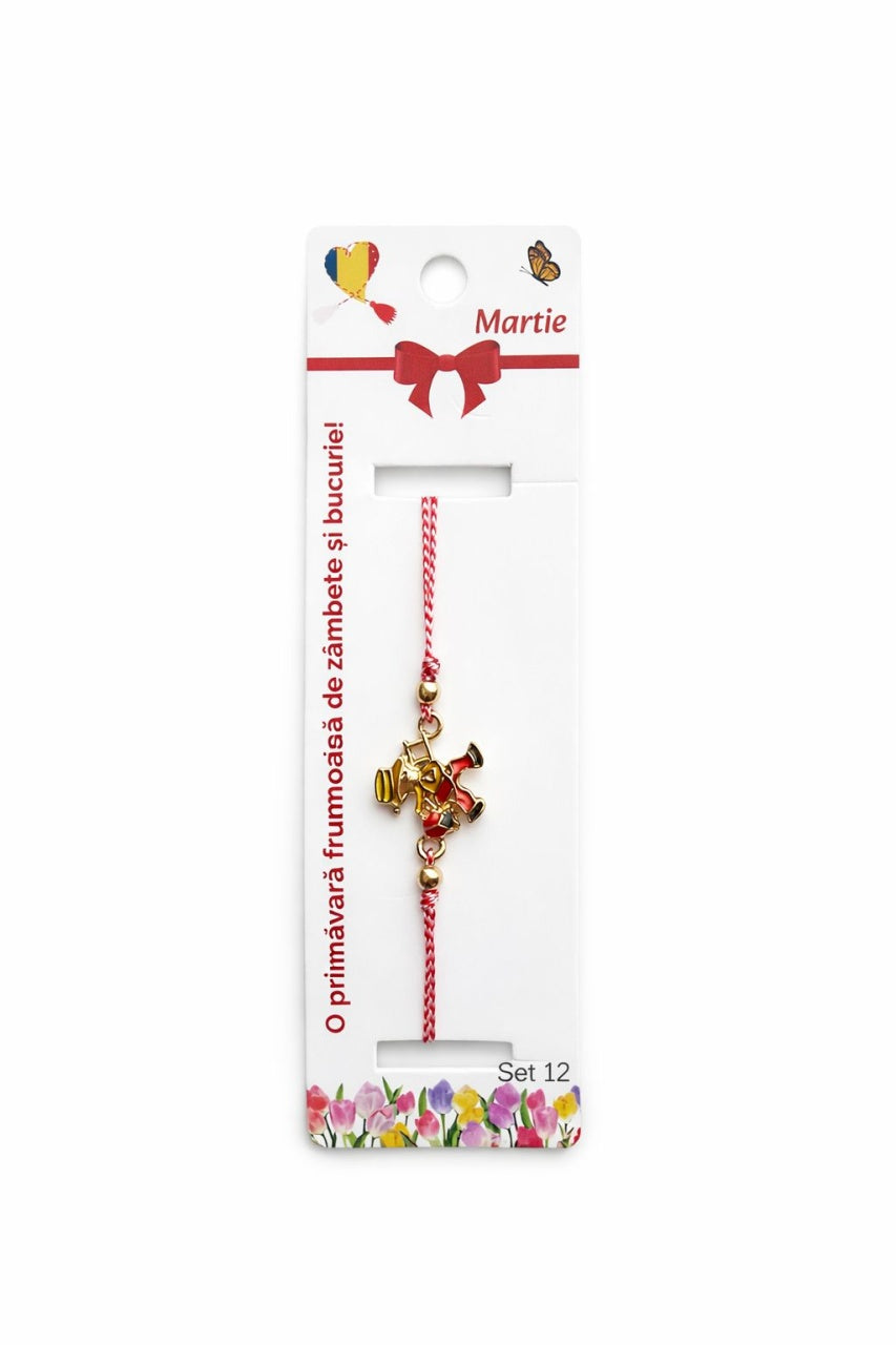 Set 12 bratari martisor cu figurina cosar norocos, snur reglabil rosu-alb