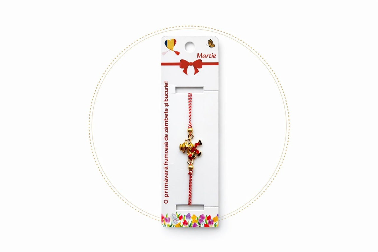 Set 12 bratari martisor cu figurina cosar norocos, snur reglabil rosu-alb