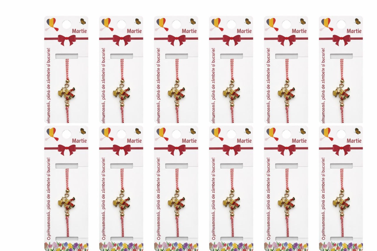 Set 12 bratari martisor cu figurina cosar norocos, snur reglabil rosu-alb