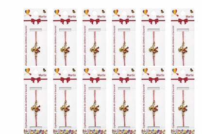 Set 12 bratari martisor cu figurina cosar norocos, snur reglabil rosu-alb