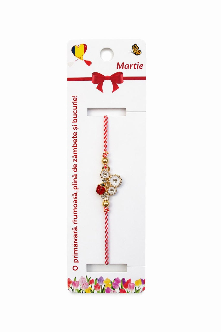 Set 12 bratari martisor cu floare alba si buburuza, snur rosu alb, ambalate individual