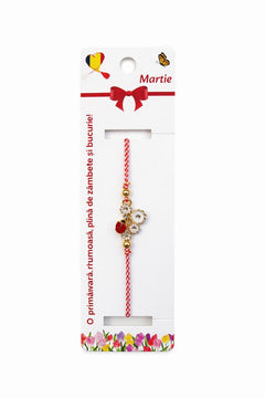 Set 12 bratari martisor cu floare alba si buburuza, snur rosu alb, ambalate individual