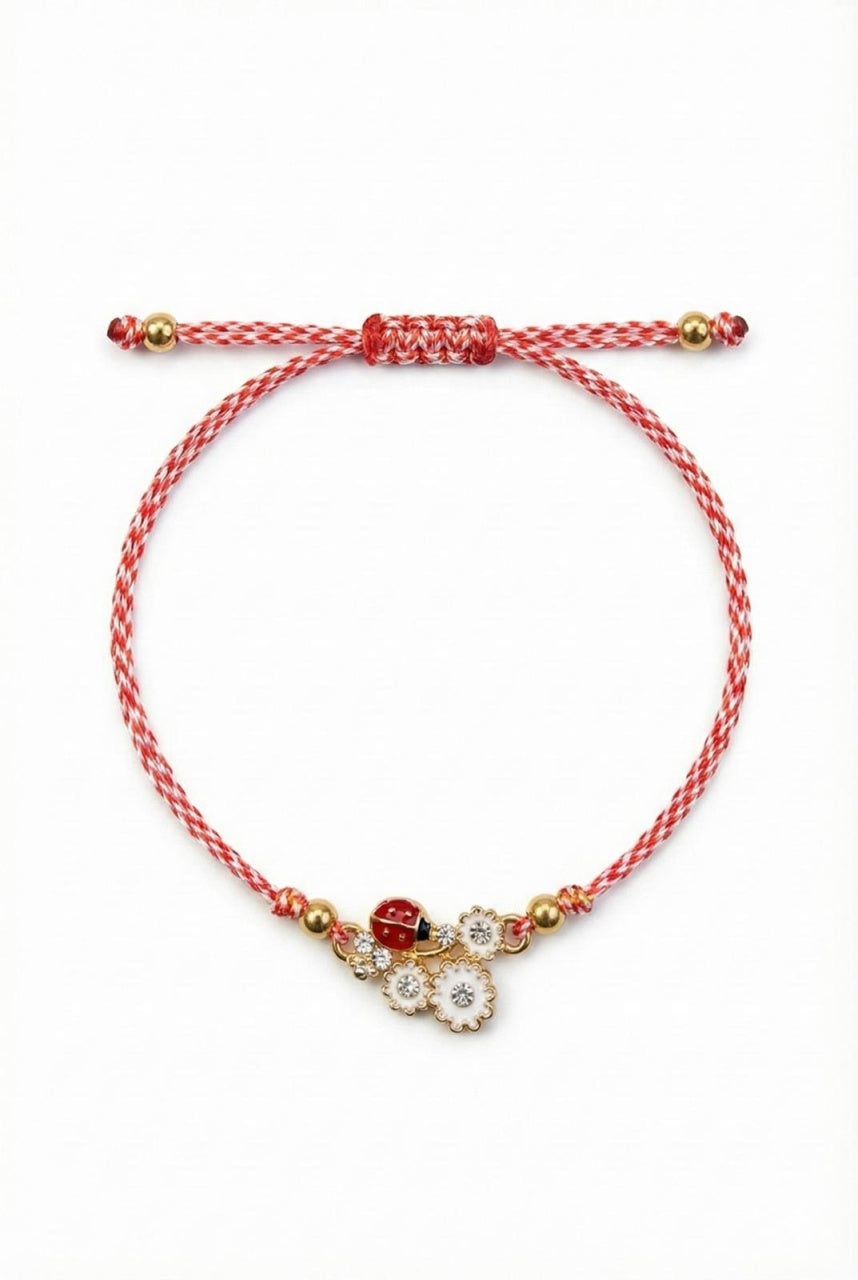 Set 12 bratari martisor cu floare alba si buburuza, snur rosu alb, ambalate individual