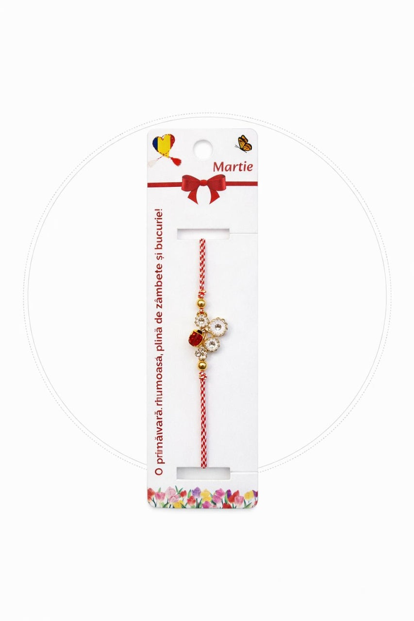 Set 12 bratari martisor cu floare alba si buburuza, snur rosu alb, ambalate individual