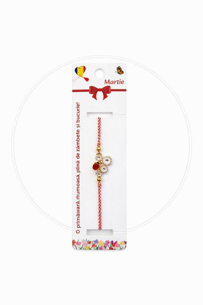 Set 12 bratari martisor cu floare alba si buburuza, snur rosu alb, ambalate individual