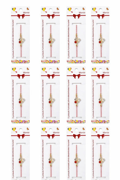 Set 12 bratari martisor cu floare alba si buburuza, snur rosu alb, ambalate individual