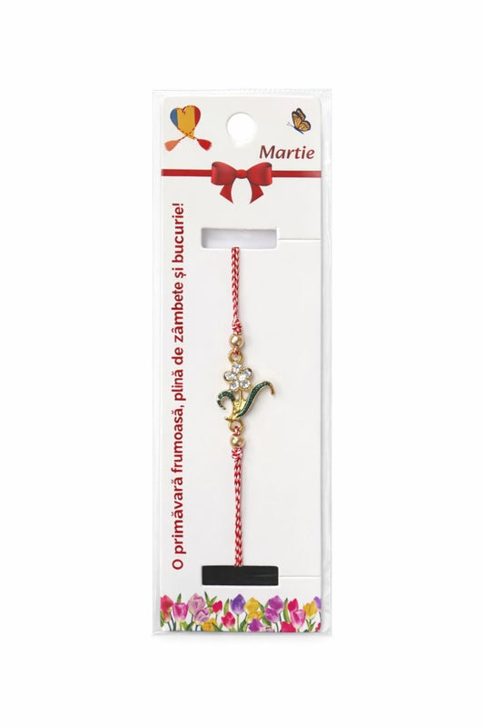 Set 12 bratari martisor cu floare metalica si petale din strasuri, snur reglabil